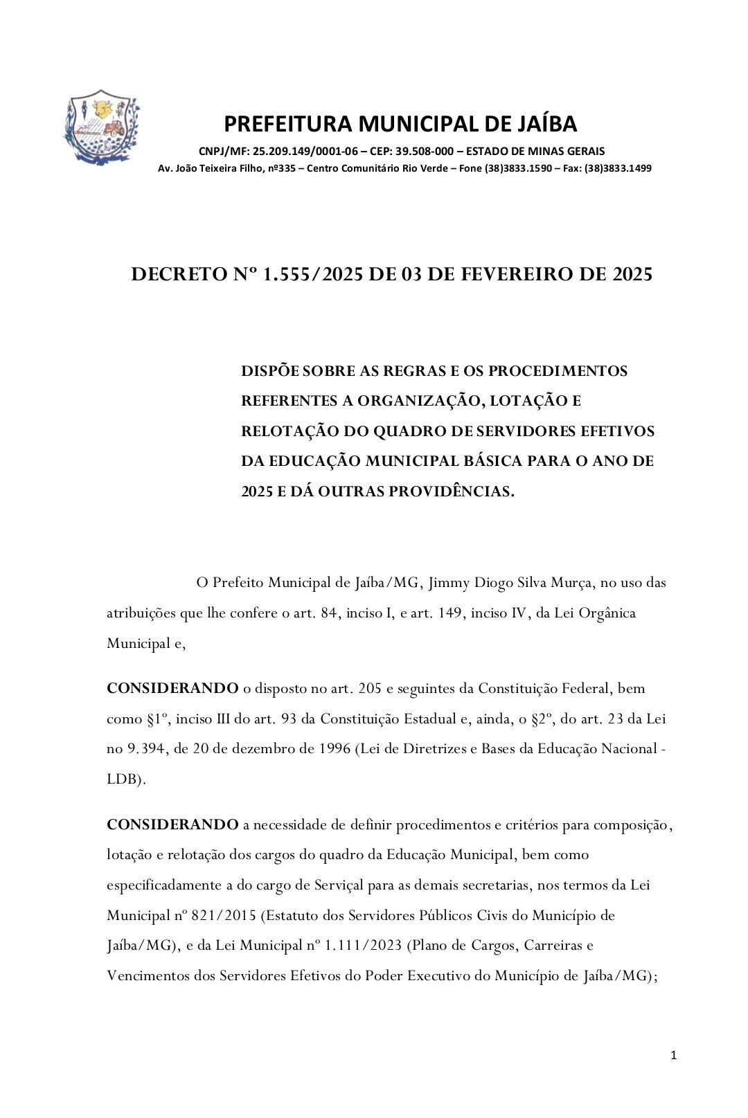 DECRETO N°1.555/2025 DE 03 DE FEVEREIRO DE 2025