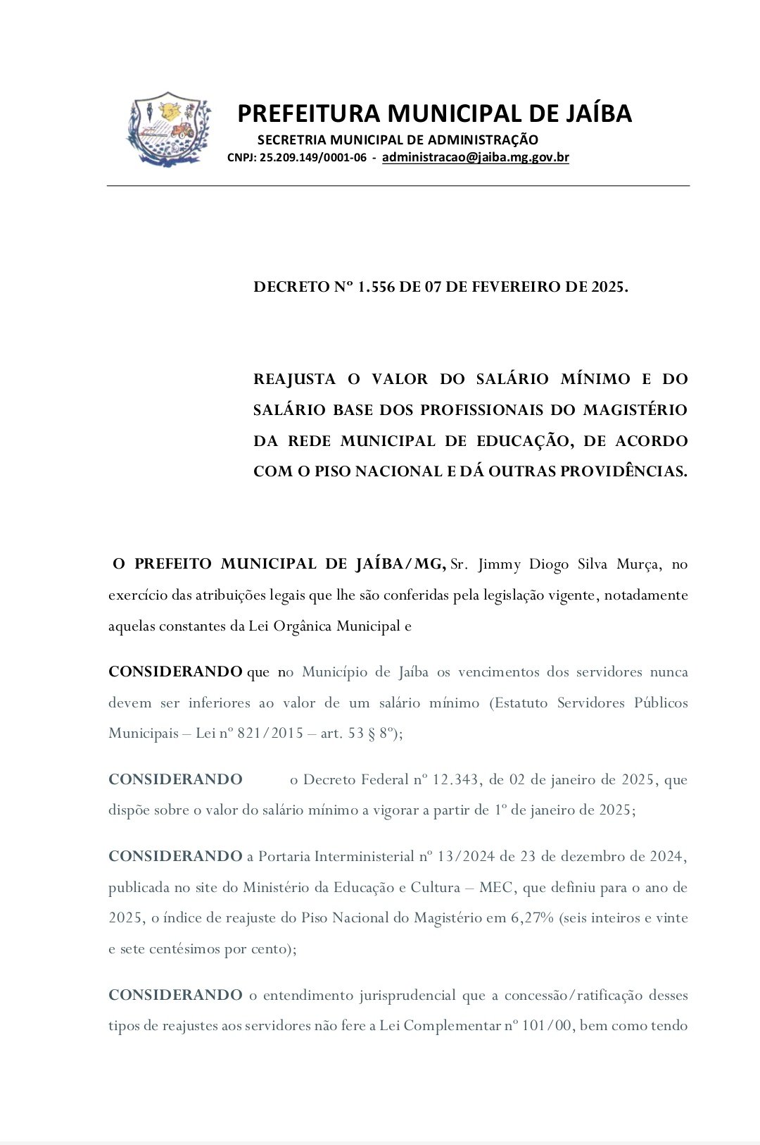 DECRETO Nº 1.556 DE 07 DE FEVEREIRO DE 2025