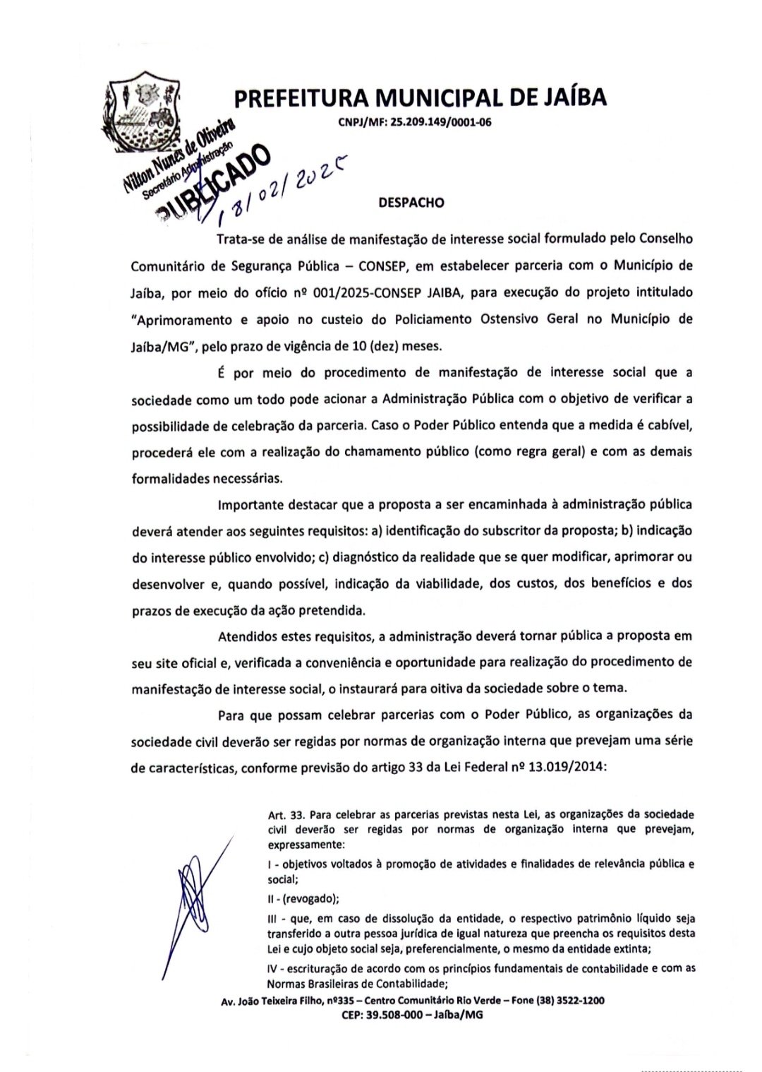 OFÍCIO 001/2025 – CONSEP JAÍBA