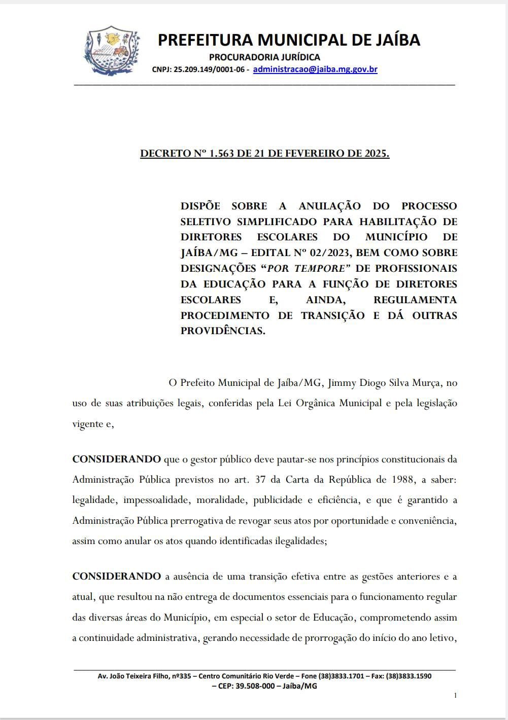DECRETO Nº 1.563 DE 21 DE FEVEREIRO DE 2025