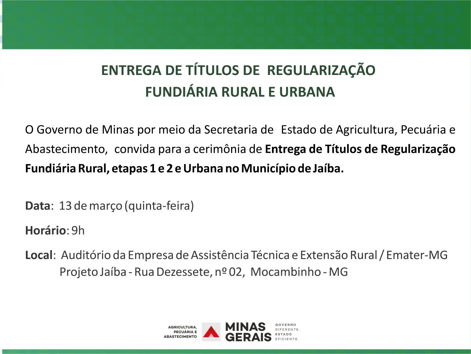 SECRETÁRIO DE AGRICULTURA DE MINAS GERAIS ESTARÁ NO PROJETO JAÍBA PARA ENTREGA DE TÍTULOS DE REGULARIZAÇÃO FUNDIÁRIA