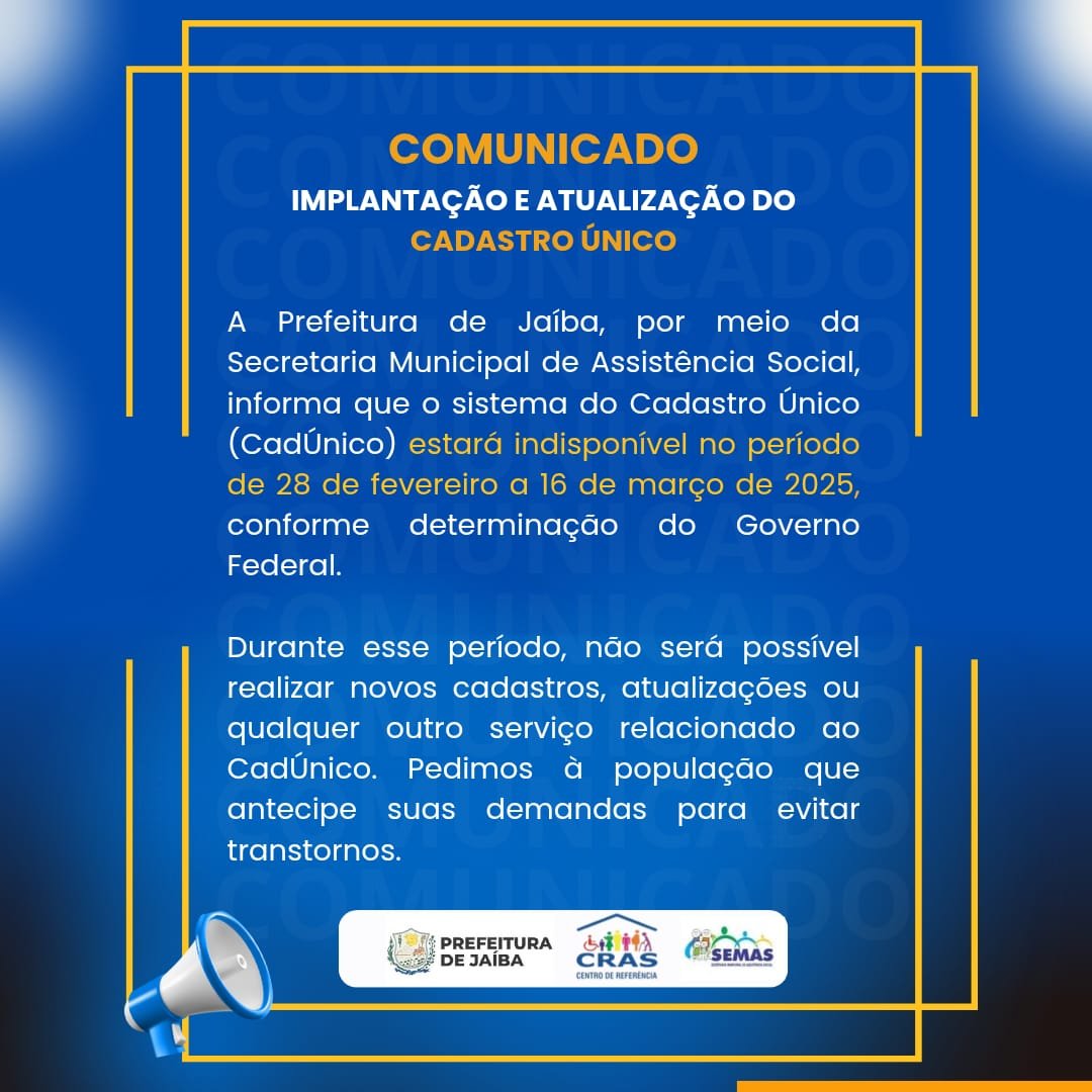 COMUNICADO: IMPLANTAÇÃO E ATUALIZAÇÃO DO CADASTRO ÚNICO DE JAÍBA