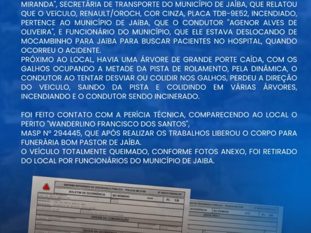 NOTA DE ESCLARECIMENTO SOBRE O ACIDENTE FATAL DO FUNCIONÁRIO PÚBLICO DE JAÍBA