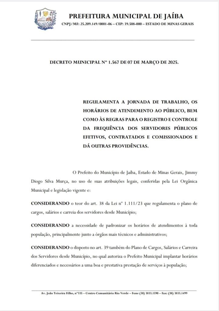 DECRETO MUNICIPAL Nº 1.567 DE 07 DE MARÇO DE 2025