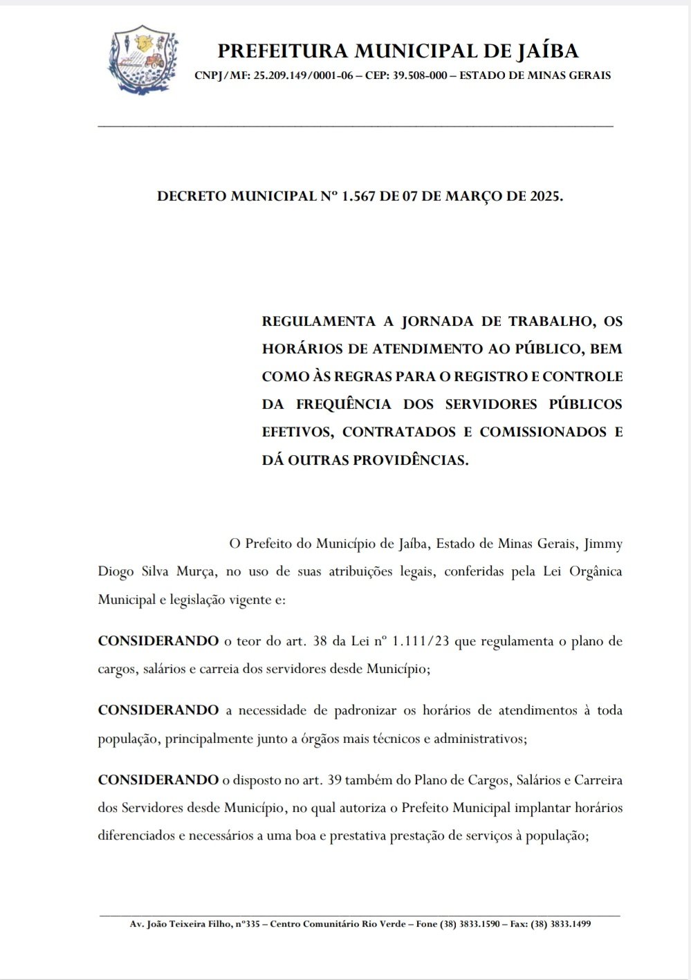 DECRETO MUNICIPAL Nº 1.567 DE 07 DE MARÇO DE 2025